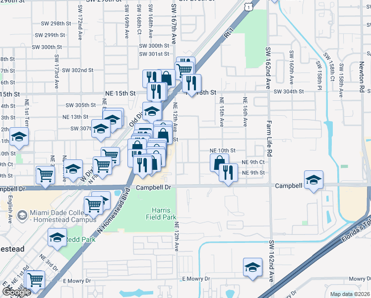 map of restaurants, bars, coffee shops, grocery stores, and more near 1020 Northeast 13th Avenue in Homestead