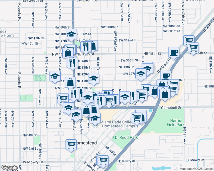 map of restaurants, bars, coffee shops, grocery stores, and more near 1036 Northeast 3rd Avenue in Homestead
