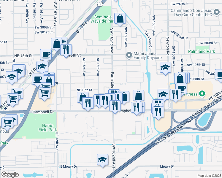 map of restaurants, bars, coffee shops, grocery stores, and more near 30845 Southwest 162nd Avenue in Homestead