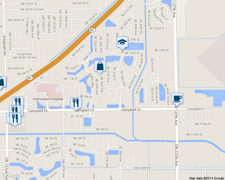 map of restaurants, bars, coffee shops, grocery stores, and more near 3742 Northeast 10th Court in Homestead