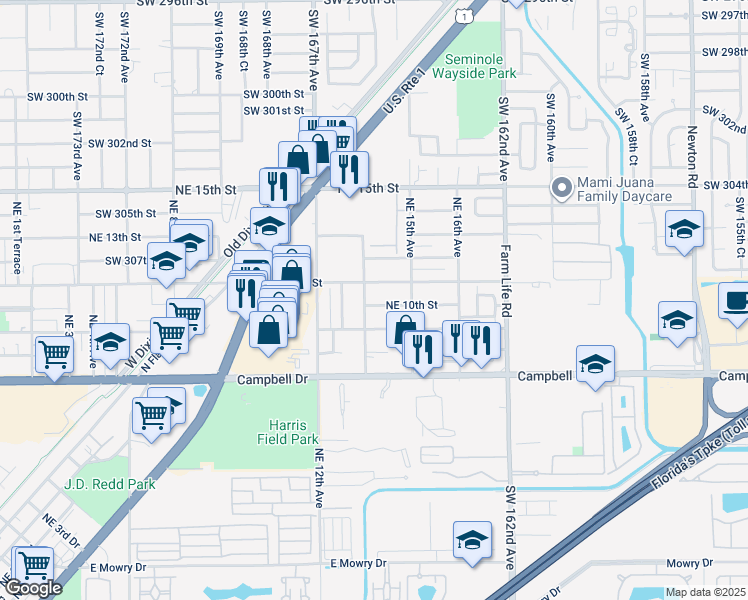 map of restaurants, bars, coffee shops, grocery stores, and more near 1421 Northeast 10th Street in Homestead