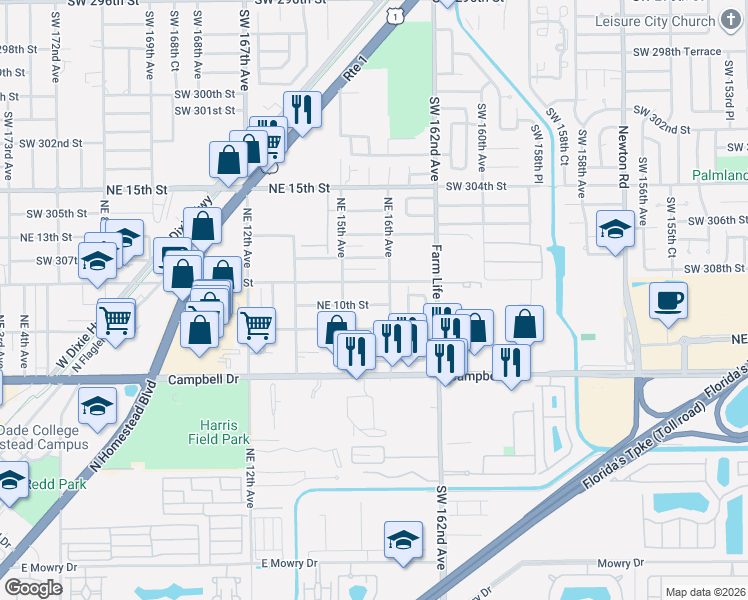 map of restaurants, bars, coffee shops, grocery stores, and more near 1561 Northeast 10th Street in Homestead