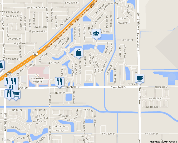 map of restaurants, bars, coffee shops, grocery stores, and more near 3742 Northeast 10th Court in Homestead