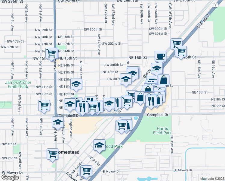 map of restaurants, bars, coffee shops, grocery stores, and more near 520 Northeast 11th Street in Homestead