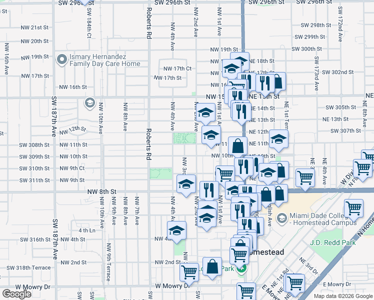 map of restaurants, bars, coffee shops, grocery stores, and more near 1031 Northwest 3rd Avenue in Homestead