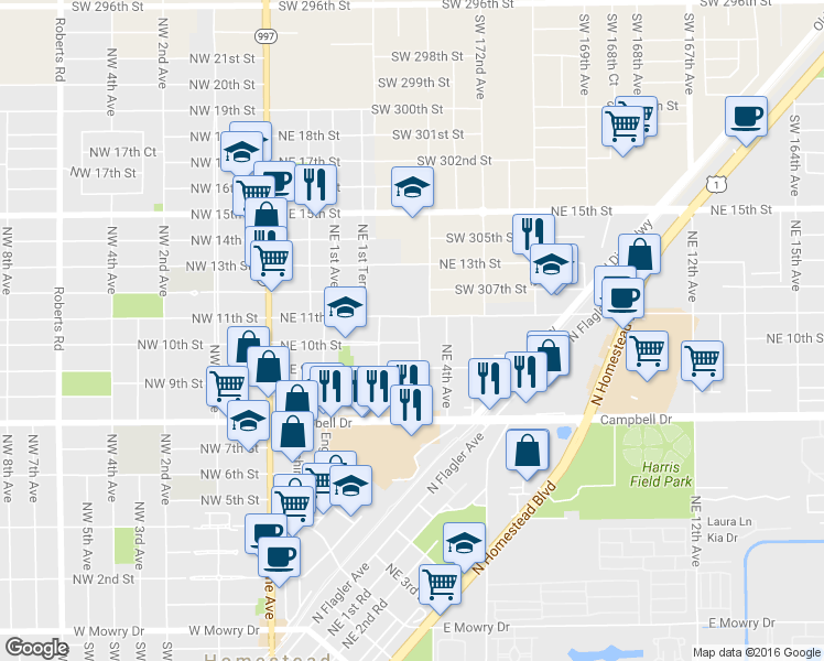 map of restaurants, bars, coffee shops, grocery stores, and more near 1008 Northeast 3rd Avenue in Homestead