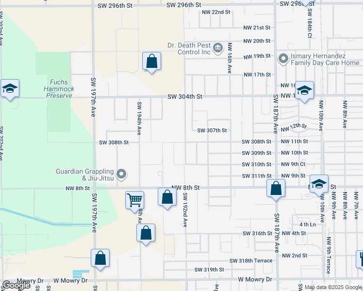 map of restaurants, bars, coffee shops, grocery stores, and more near 30821 Southwest 192nd Avenue in Homestead