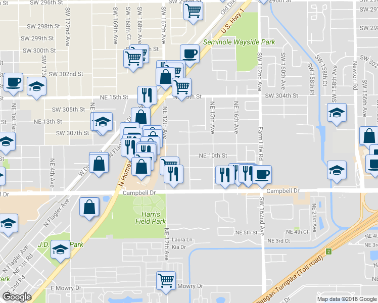 map of restaurants, bars, coffee shops, grocery stores, and more near 1014 Northeast 14th Avenue in Homestead