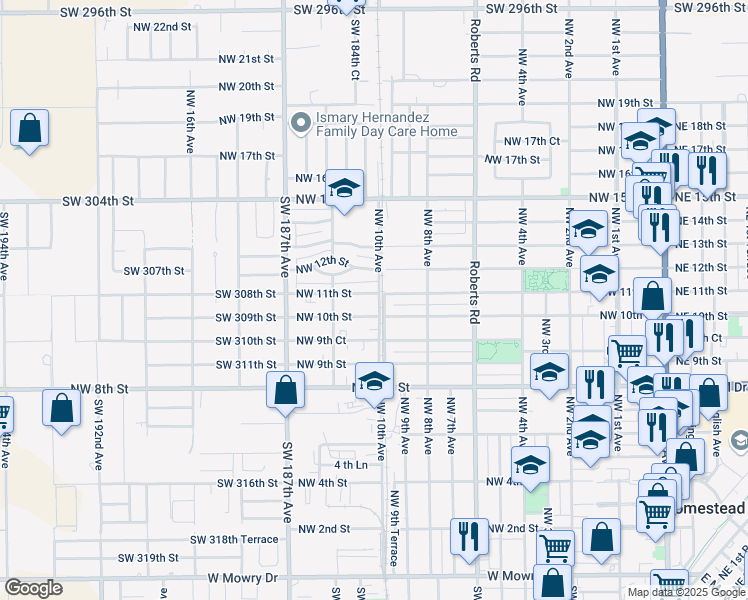 map of restaurants, bars, coffee shops, grocery stores, and more near 1000 Northwest 11th Street in Homestead