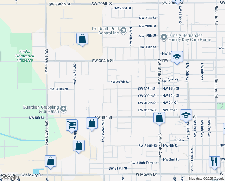 map of restaurants, bars, coffee shops, grocery stores, and more near 30815 Southwest 191st Avenue in Homestead