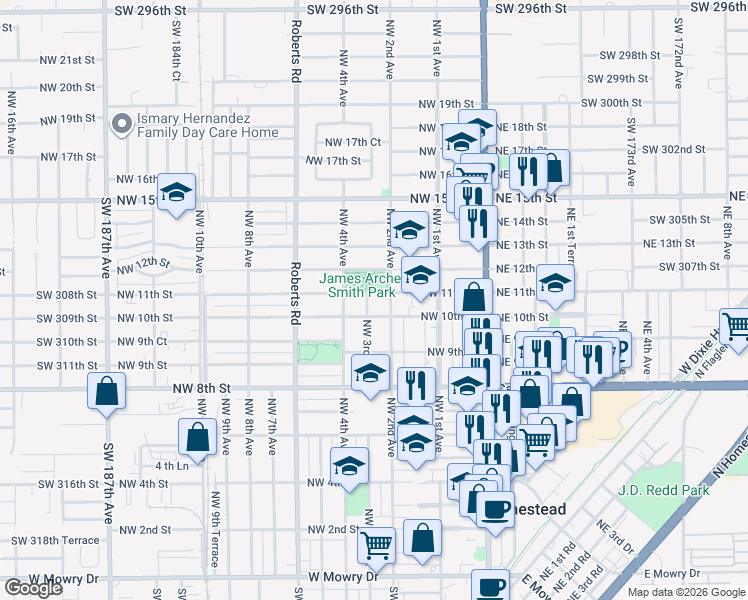 map of restaurants, bars, coffee shops, grocery stores, and more near 1031 Northwest 3rd Avenue in Homestead
