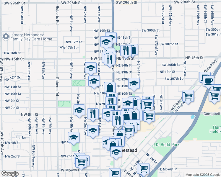 map of restaurants, bars, coffee shops, grocery stores, and more near 1020 North Krome Avenue in Homestead