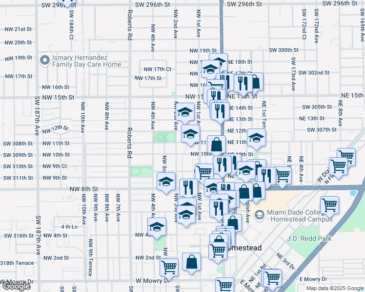 map of restaurants, bars, coffee shops, grocery stores, and more near 168 Northwest 11th Street in Homestead
