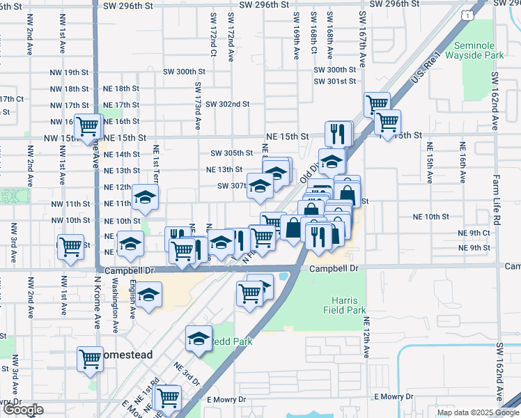 map of restaurants, bars, coffee shops, grocery stores, and more near 1000 Old Dixie Highway in Homestead