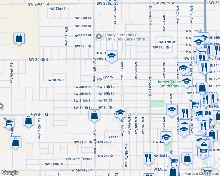 map of restaurants, bars, coffee shops, grocery stores, and more near 1033 Northwest 12th Avenue in Homestead