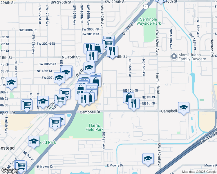 map of restaurants, bars, coffee shops, grocery stores, and more near 1020 Northeast 13th Avenue in Homestead