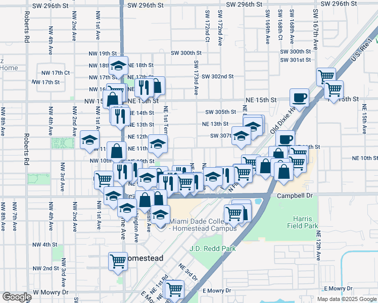 map of restaurants, bars, coffee shops, grocery stores, and more near 1036 Northeast 3rd Avenue in Homestead