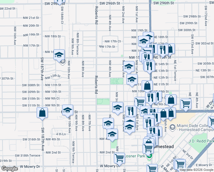 map of restaurants, bars, coffee shops, grocery stores, and more near 422 Northwest 11th Street in Homestead