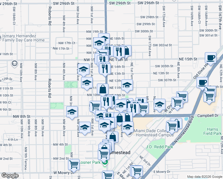 map of restaurants, bars, coffee shops, grocery stores, and more near 36 Northeast 11th Street in Homestead
