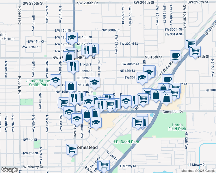map of restaurants, bars, coffee shops, grocery stores, and more near 1036 Northeast 3rd Avenue in Homestead