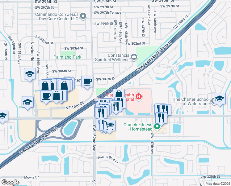 map of restaurants, bars, coffee shops, grocery stores, and more near 1054 Northeast 30th Avenue in Homestead