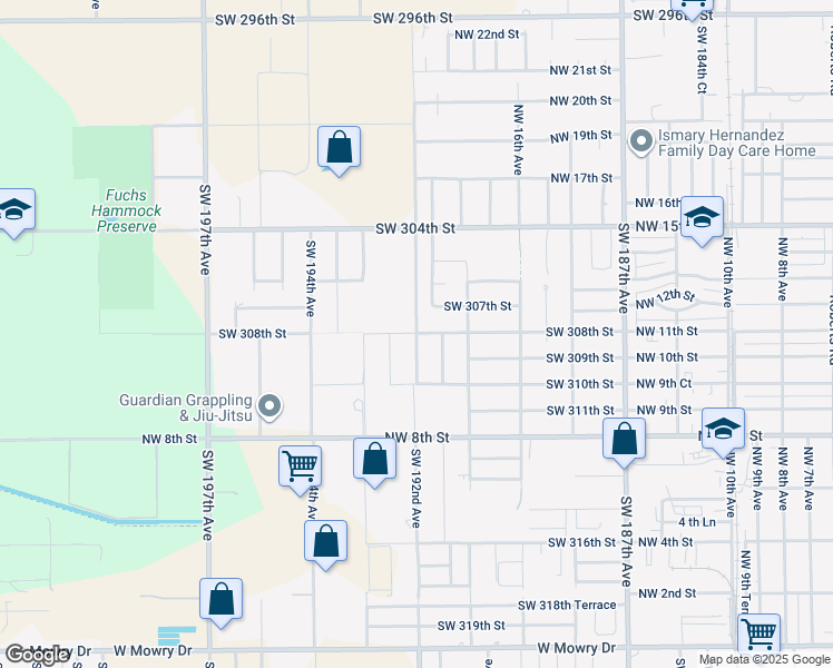 map of restaurants, bars, coffee shops, grocery stores, and more near 30821 Southwest 192nd Avenue in Homestead