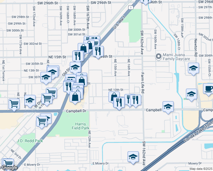 map of restaurants, bars, coffee shops, grocery stores, and more near 1421 Northeast 10th Street in Homestead