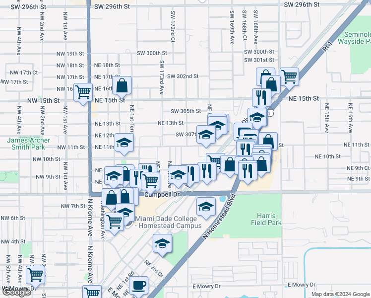 map of restaurants, bars, coffee shops, grocery stores, and more near 520 Northeast 11th Street in Homestead