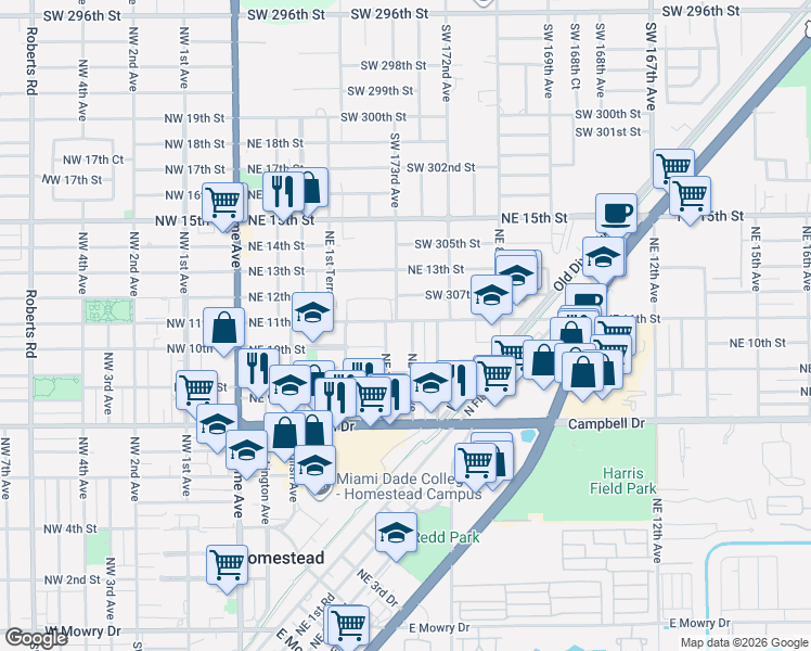 map of restaurants, bars, coffee shops, grocery stores, and more near 1029 Northeast 4th Avenue in Homestead