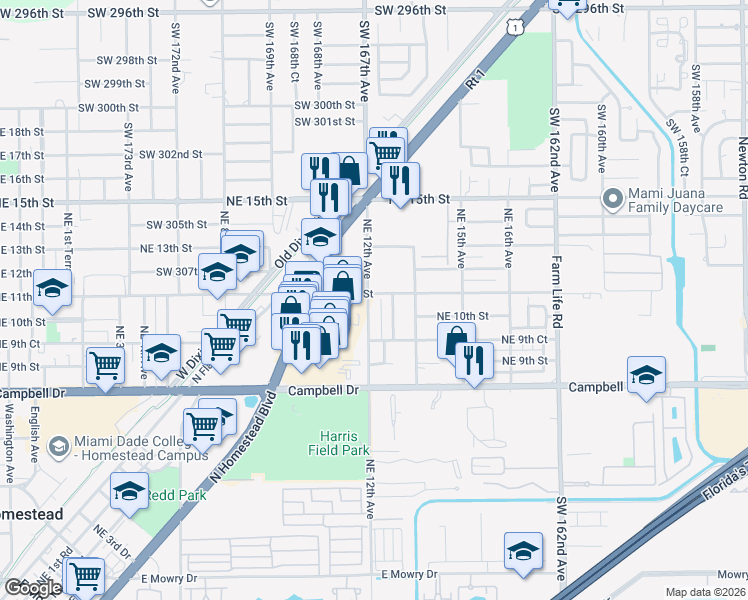 map of restaurants, bars, coffee shops, grocery stores, and more near 1020 Northeast 13th Avenue in Homestead