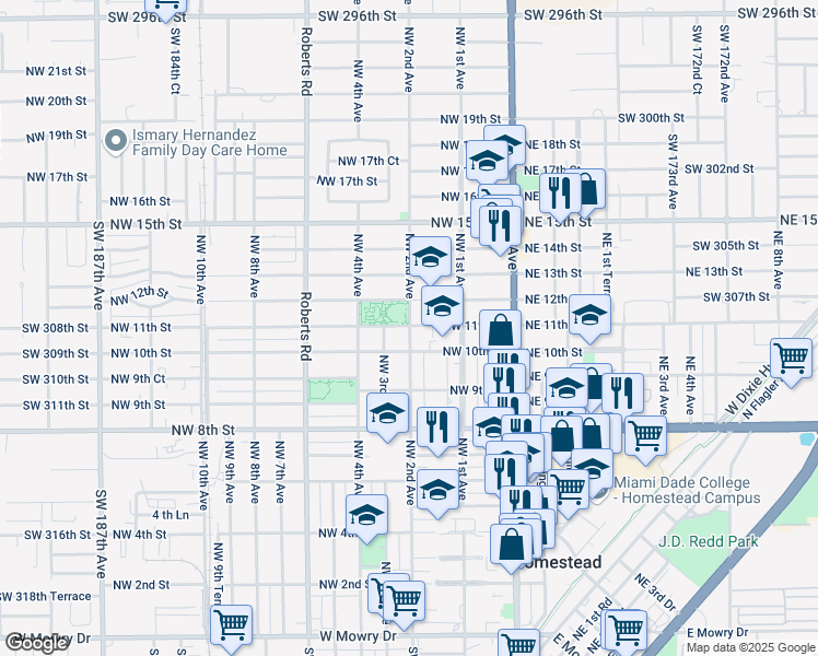 map of restaurants, bars, coffee shops, grocery stores, and more near 168 Northwest 11th Street in Homestead