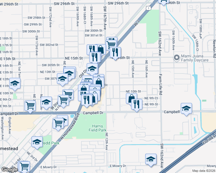 map of restaurants, bars, coffee shops, grocery stores, and more near 1020 Northeast 13th Avenue in Homestead