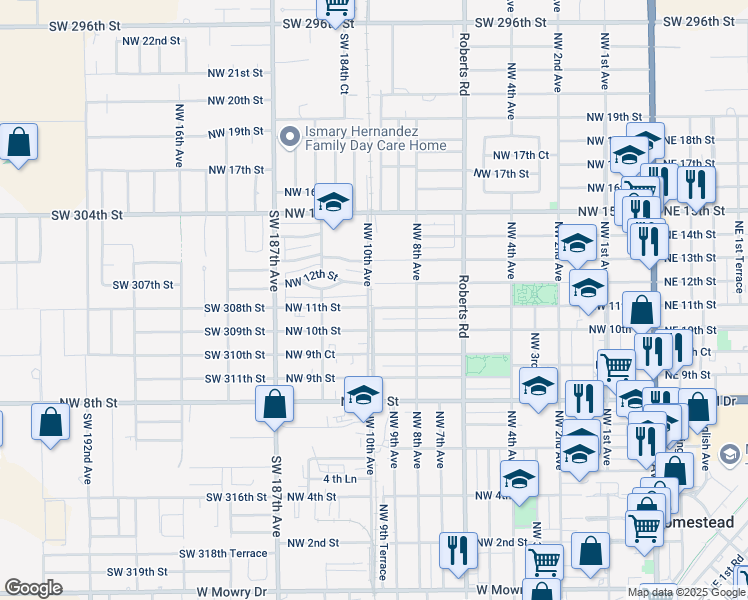 map of restaurants, bars, coffee shops, grocery stores, and more near 1000 Northwest 11th Street in Homestead