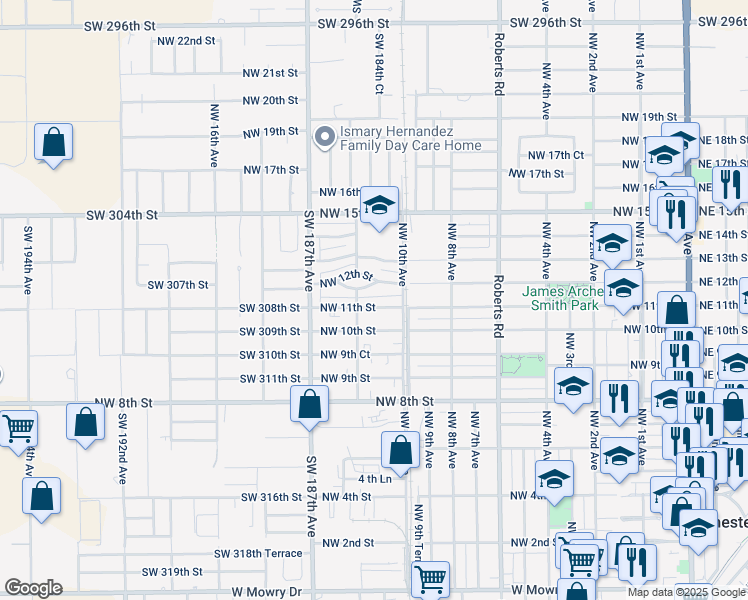 map of restaurants, bars, coffee shops, grocery stores, and more near 1033 Northwest 12th Avenue in Homestead