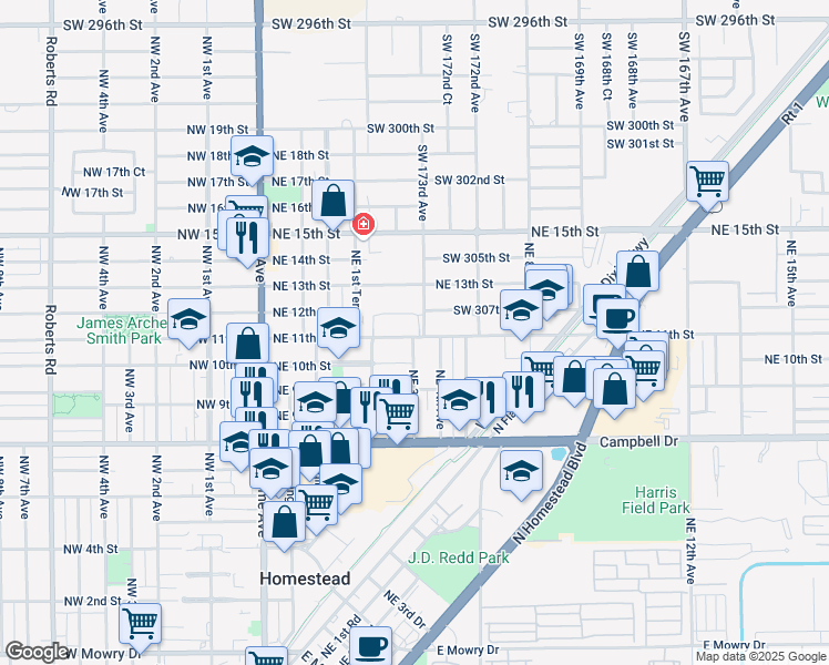 map of restaurants, bars, coffee shops, grocery stores, and more near 301 Northeast 11th Street in Homestead