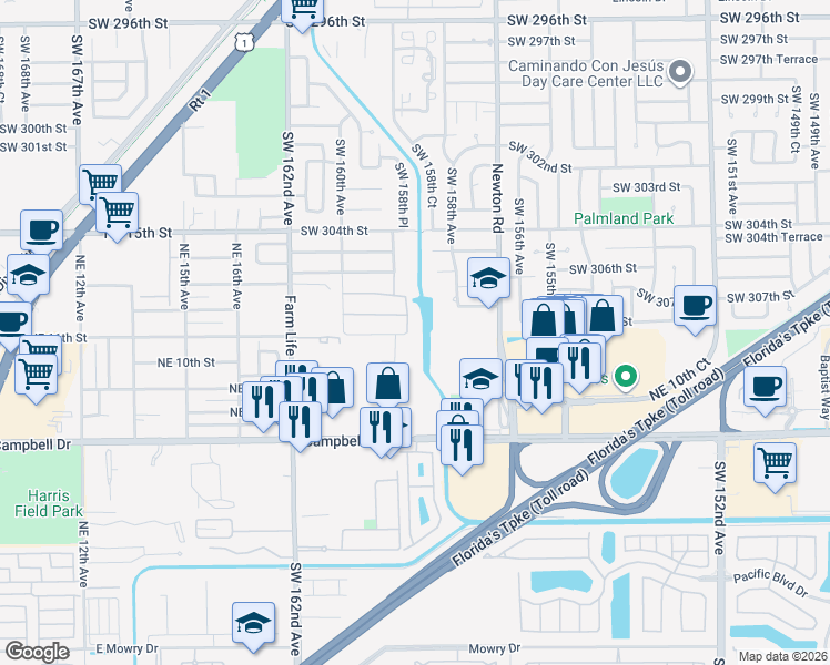 map of restaurants, bars, coffee shops, grocery stores, and more near 30775 Southwest 158 Path in Homestead