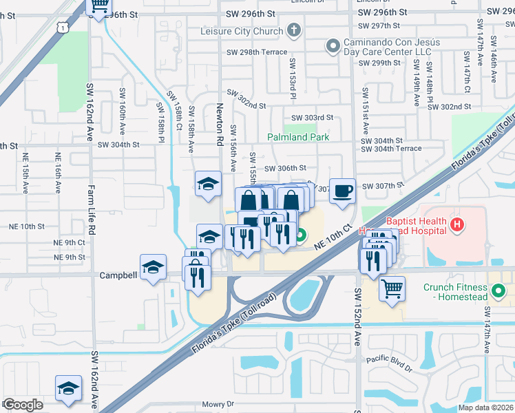 map of restaurants, bars, coffee shops, grocery stores, and more near 2517 Northeast 10th Court in Homestead