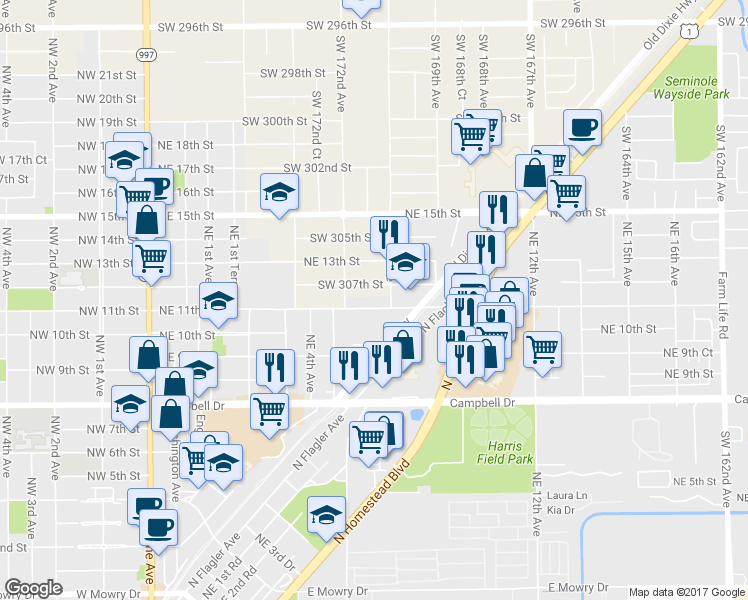 map of restaurants, bars, coffee shops, grocery stores, and more near 1000 Old Dixie Highway in Homestead