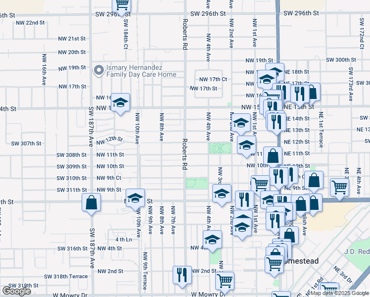 map of restaurants, bars, coffee shops, grocery stores, and more near 1199 Roberts Road in Homestead
