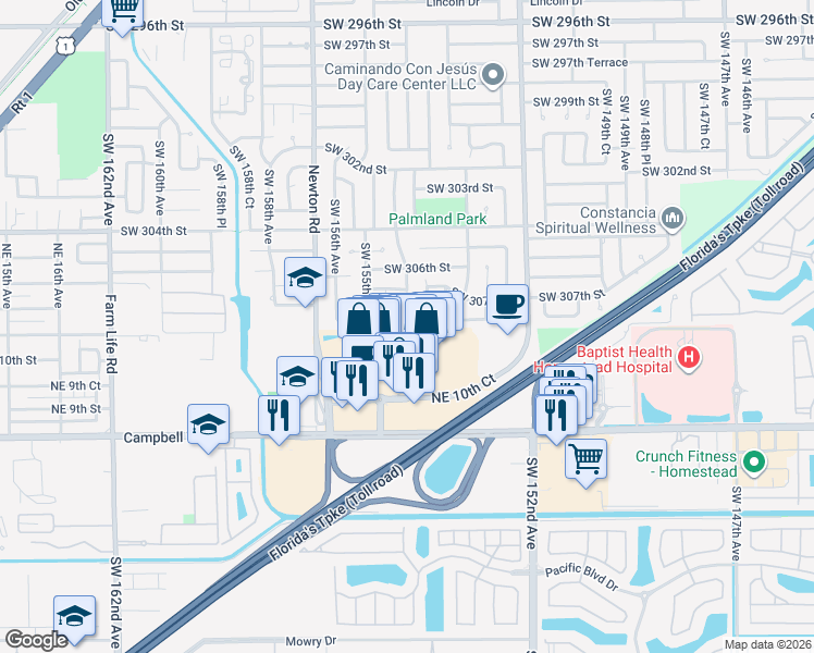 map of restaurants, bars, coffee shops, grocery stores, and more near 30730 Southwest 154th Avenue in Homestead