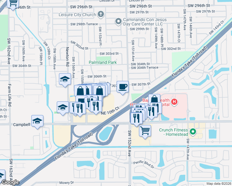 map of restaurants, bars, coffee shops, grocery stores, and more near 15230 Southwest 307th Road in Homestead