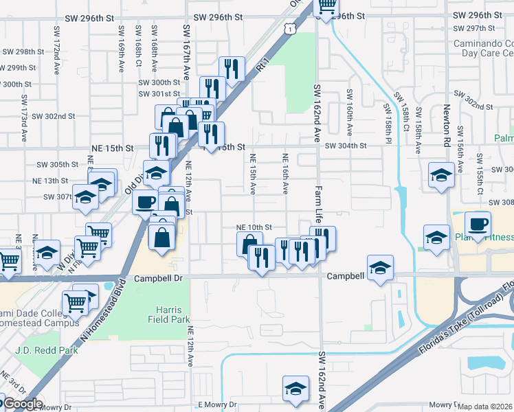 map of restaurants, bars, coffee shops, grocery stores, and more near 1511 Northeast 12th Street in Homestead