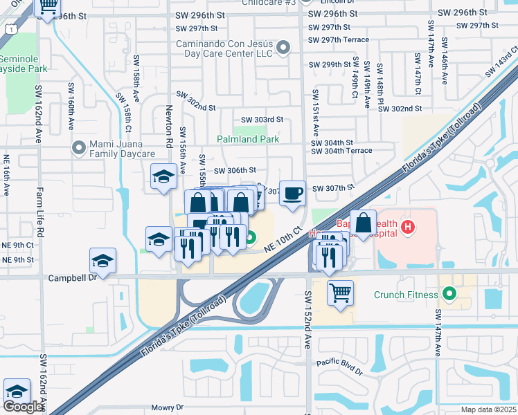 map of restaurants, bars, coffee shops, grocery stores, and more near 15300 Southwest 307th Road in Homestead