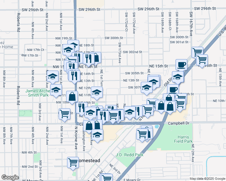map of restaurants, bars, coffee shops, grocery stores, and more near 1230 Northeast 3rd Terrace in Homestead