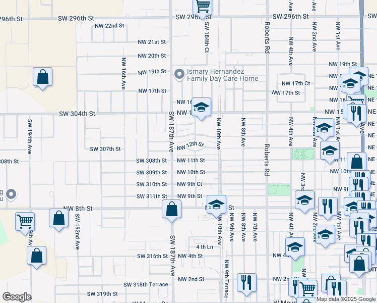 map of restaurants, bars, coffee shops, grocery stores, and more near 1315 Northwest 12th Street in Homestead