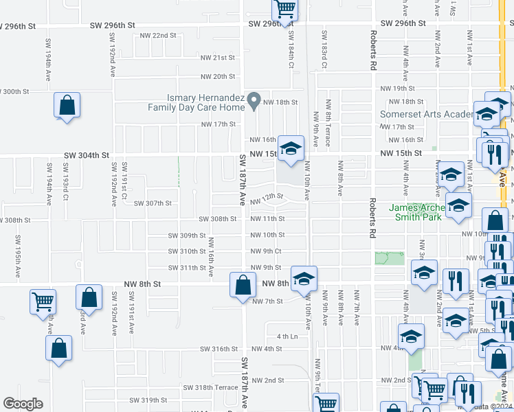 map of restaurants, bars, coffee shops, grocery stores, and more near 1320 Northwest 12th Street in Homestead