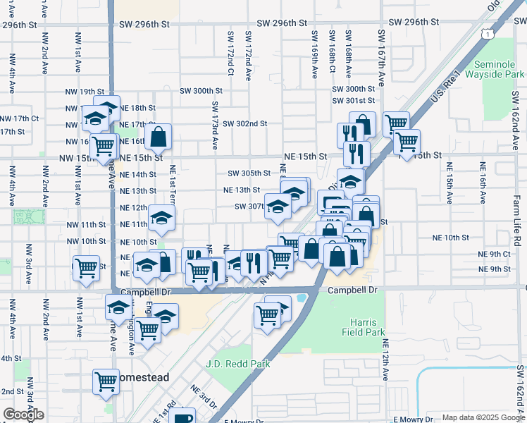 map of restaurants, bars, coffee shops, grocery stores, and more near 601 Northeast 12th Street in Homestead