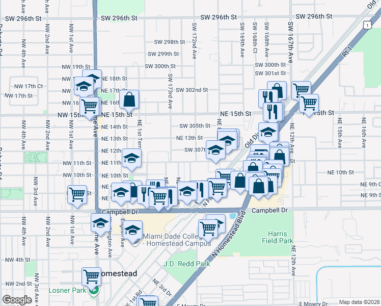 map of restaurants, bars, coffee shops, grocery stores, and more near 601 Northeast 12th Street in Homestead
