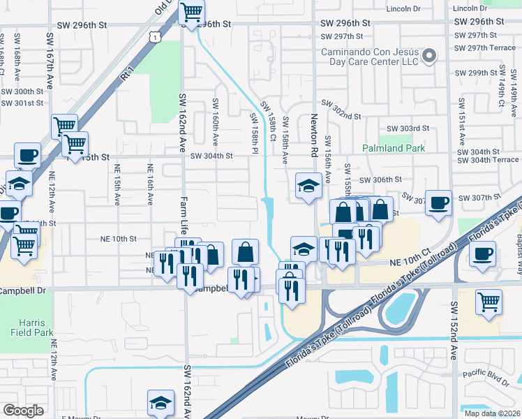 map of restaurants, bars, coffee shops, grocery stores, and more near 30665 Southwest 158th Avenue in Homestead