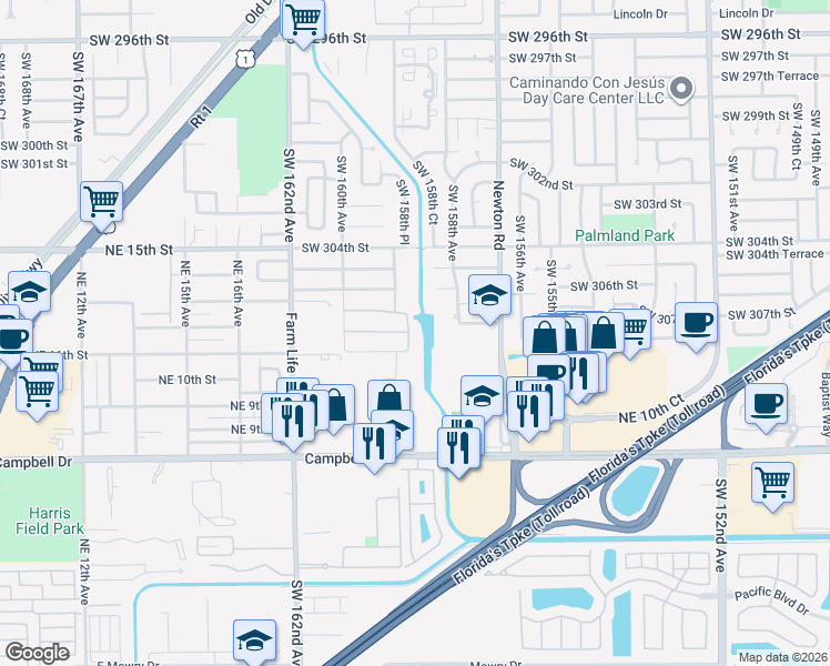 map of restaurants, bars, coffee shops, grocery stores, and more near 30665 Southwest 158th Avenue in Homestead